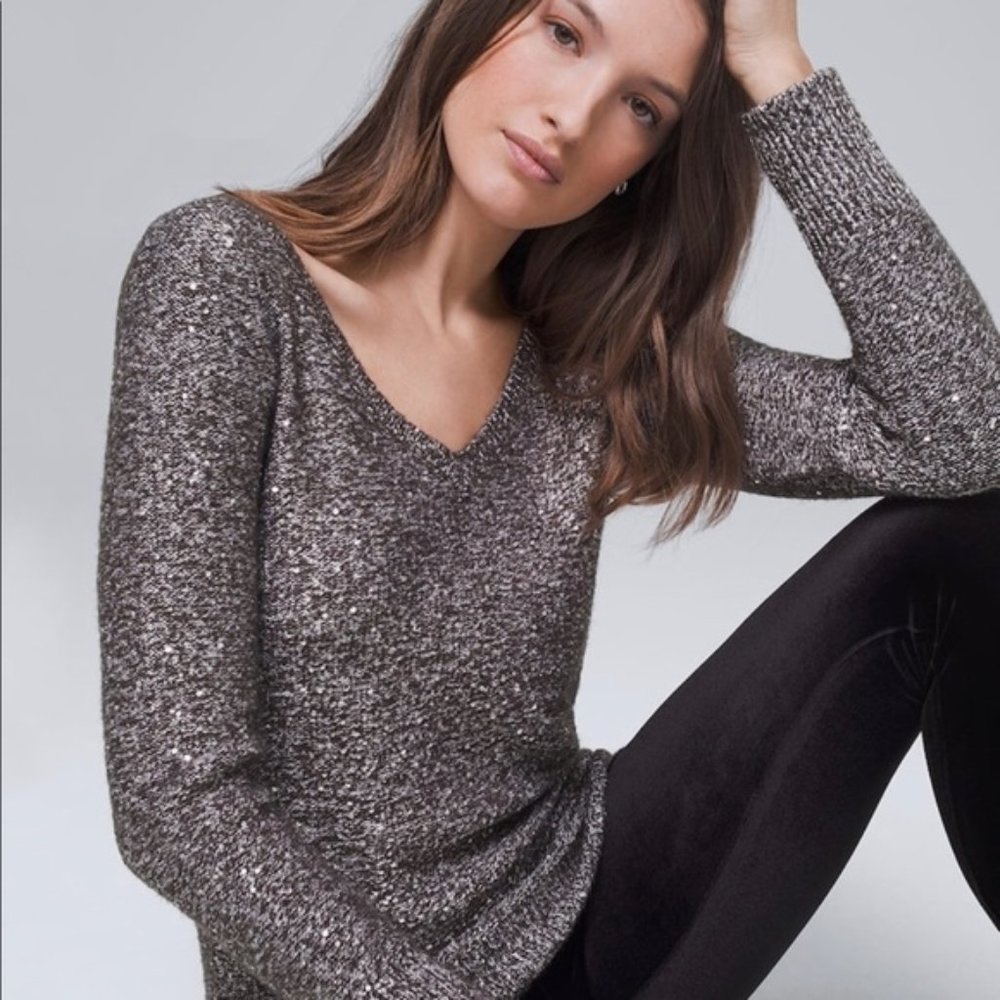 White House Black Market Metallic Silver V-Neck Sweater